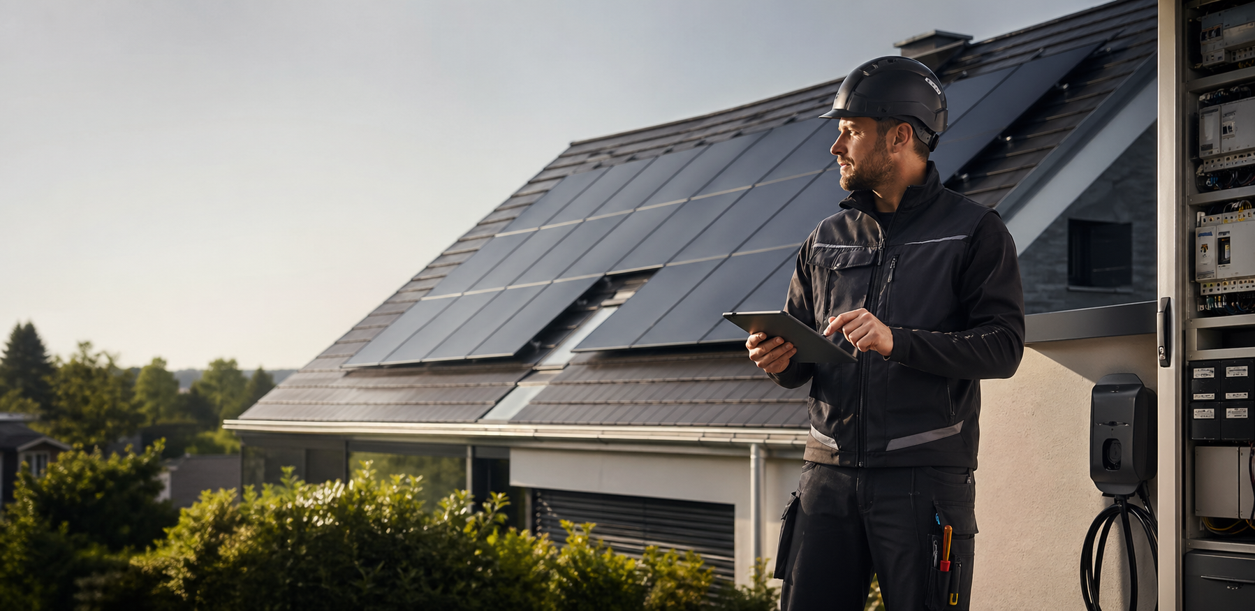 Elektromeister prüft eine Photovoltaikanlage mit Wallbox und Zählerschrank