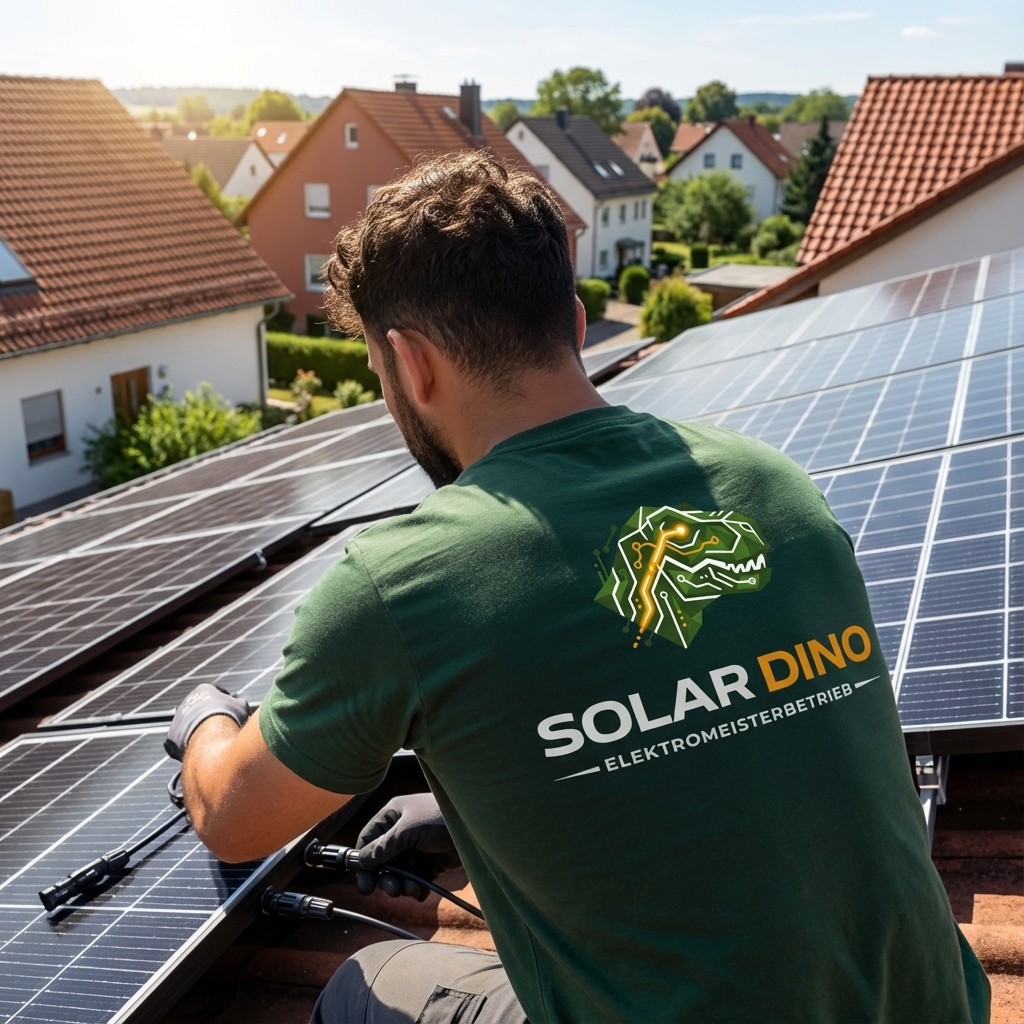 Solar Dino Elektriker installiert Photovoltaik-Anlage auf einem Hausdach - Firmenbranding sichtbar